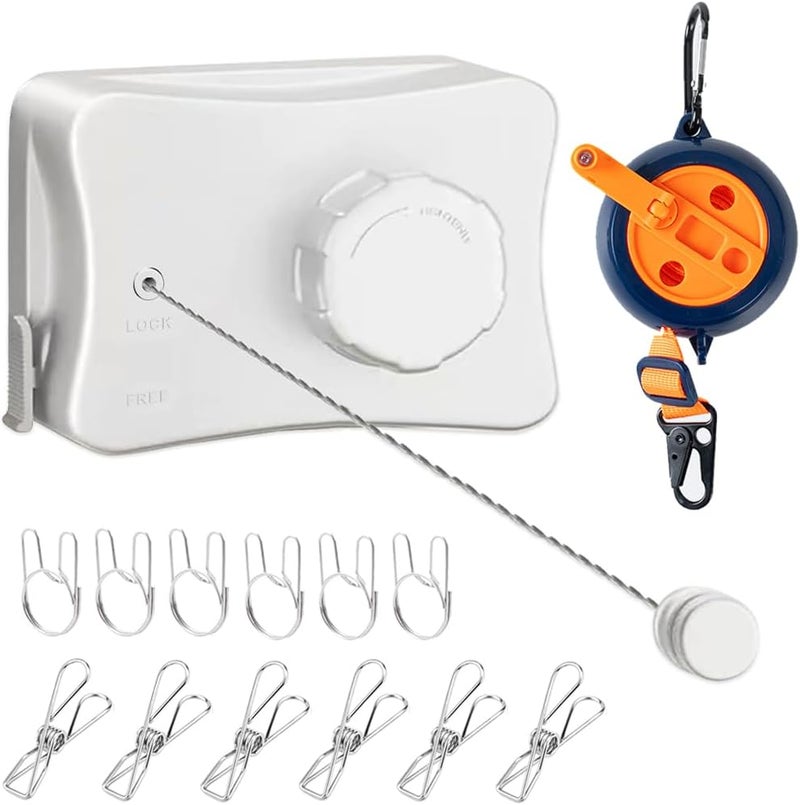 Yuki Retractable Clothesline Indoor Outdoor Clothes Line Kit, Heavy Duty Clothes Drying Laundry Line 16.7ft Wall Mounted Drying Rack Non-Sagging Air Dry Clothing Travel Clotheslines (White) - Image 1
